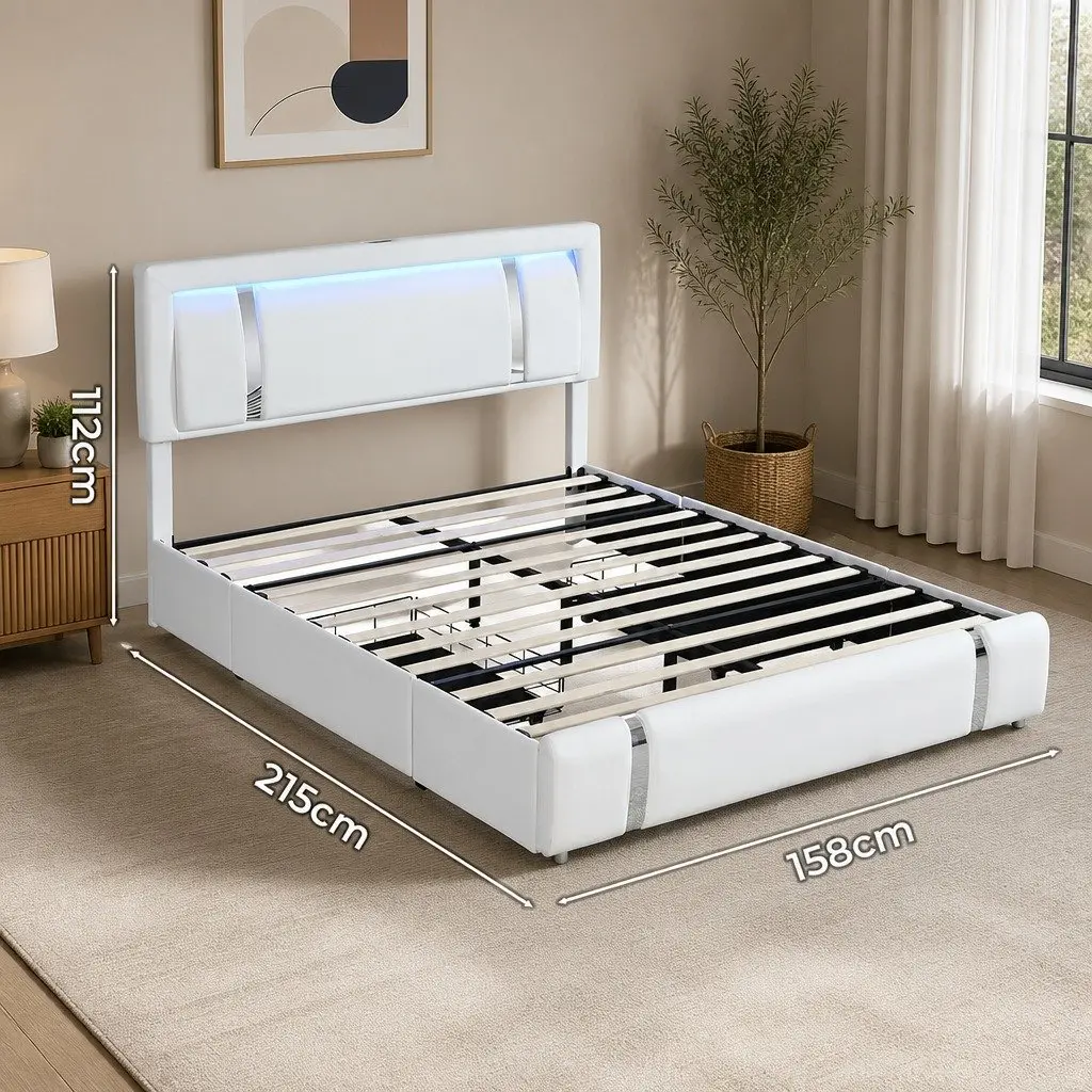 Double Bed Frame Adjustable Headboard USB Charging LED Light Storage Drawers