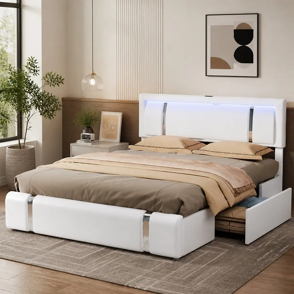Double Bed Frame Adjustable Headboard USB Charging LED Light Storage Drawers