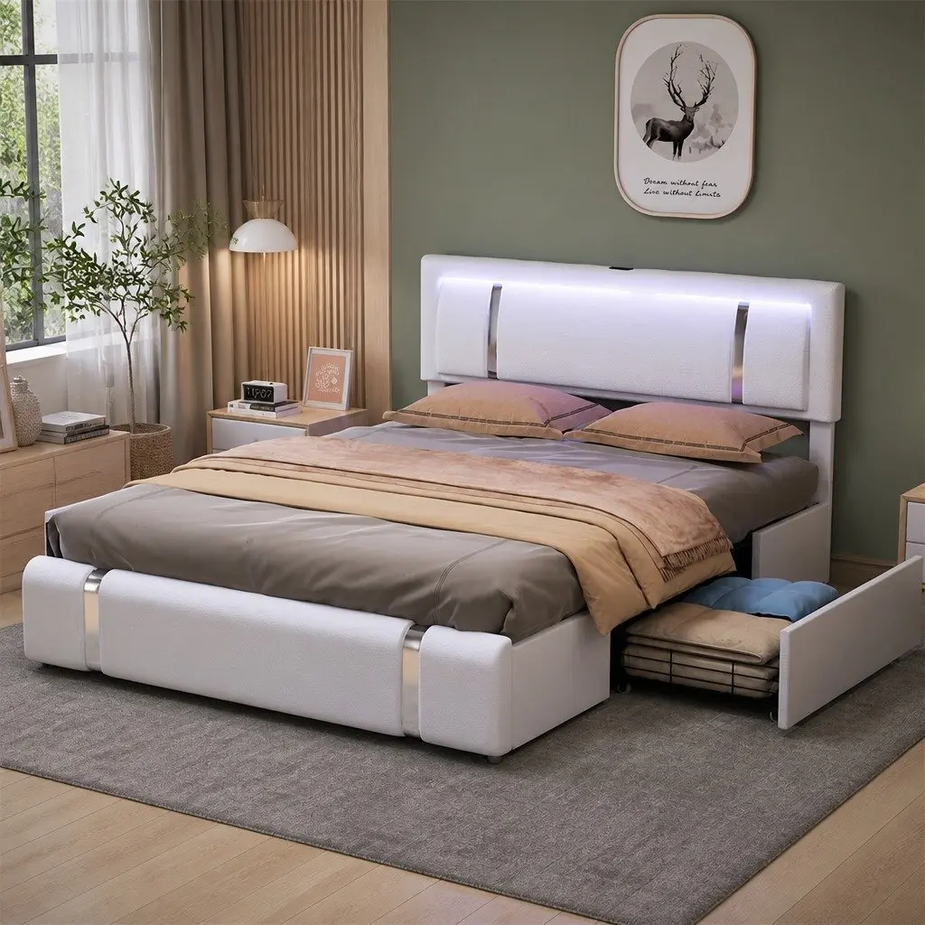 Double Bed Frame Adjustable Headboard USB Charging LED Light Storage Drawers