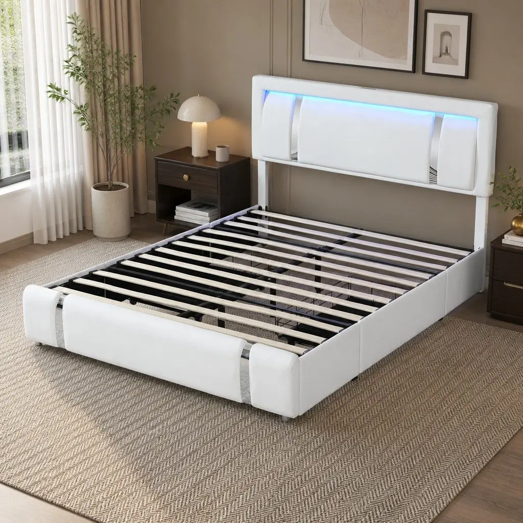 Double Bed Frame Adjustable Headboard USB Charging LED Light Storage Drawers