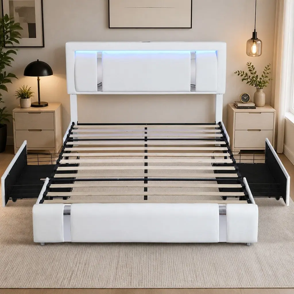 King Bed Frame with Adjustable Leather Headboard RGB LED Lights USB Charging 2