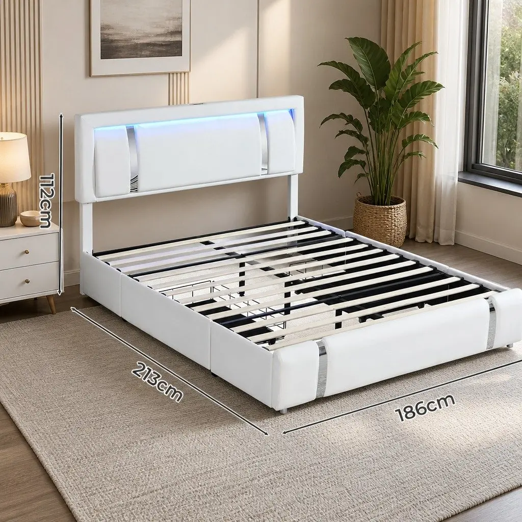 King Bed Frame with Adjustable Leather Headboard RGB LED Lights USB Charging 2