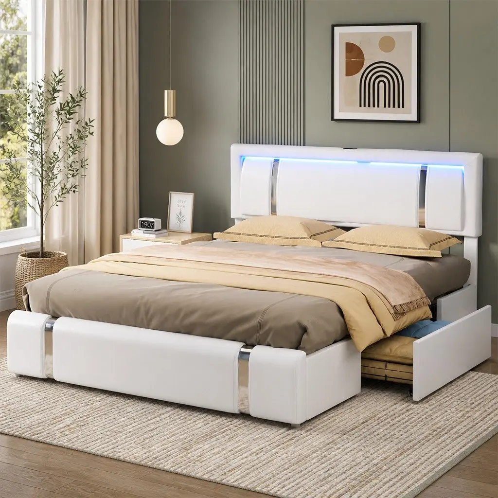 King Bed Frame with Adjustable Leather Headboard RGB LED Lights USB Charging 2