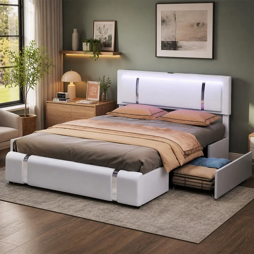 King Bed Frame with Adjustable Leather Headboard RGB LED Lights USB Charging 2