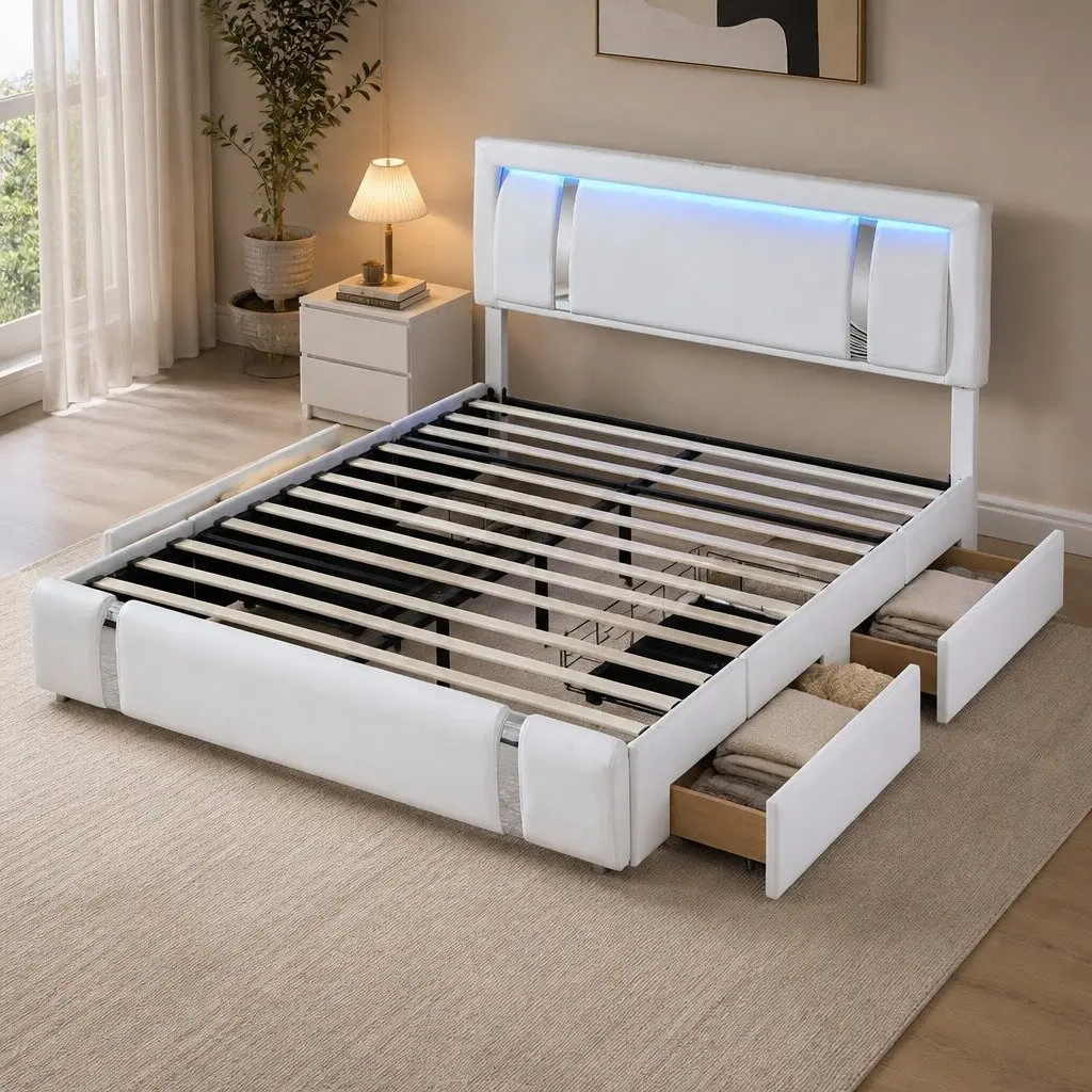 King Bed Frame with Adjustable Leather Headboard RGB LED Lights USB Charging 2