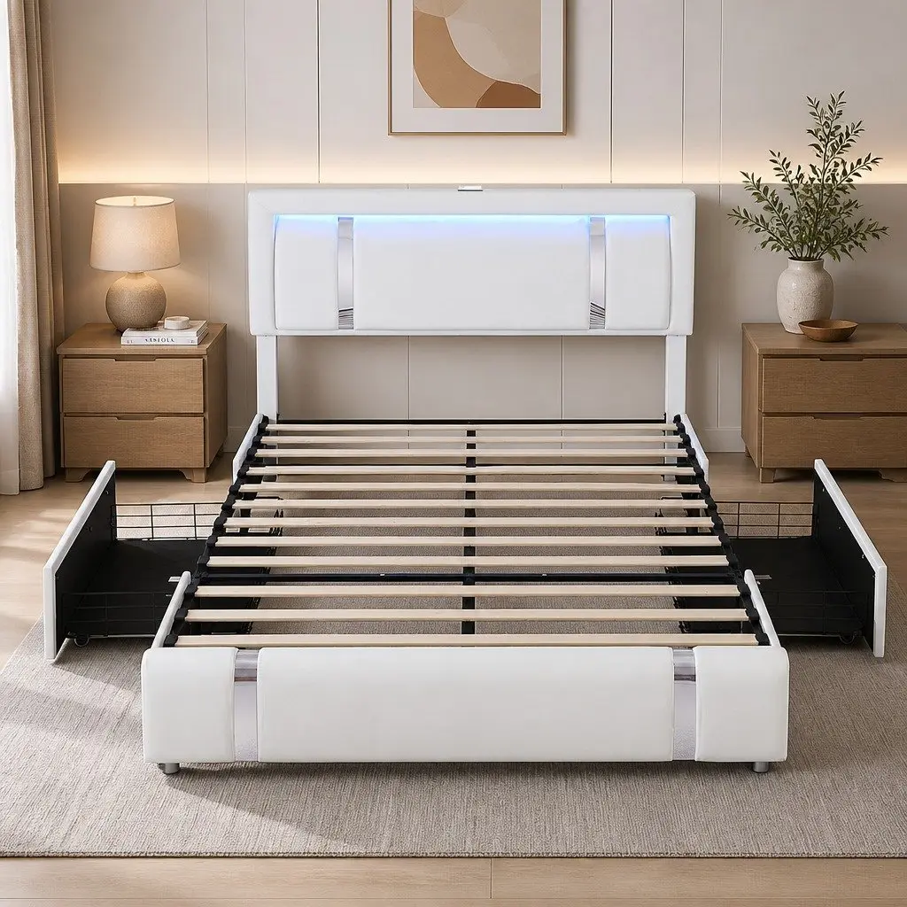 Queen Bed Frame Adjustable Headboard USB Charging LED Light Storage Drawers