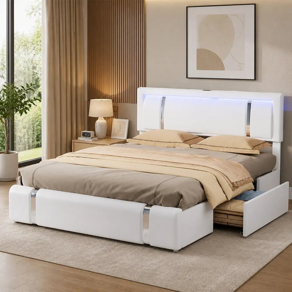 Queen Bed Frame Adjustable Headboard USB Charging LED Light Storage Drawers