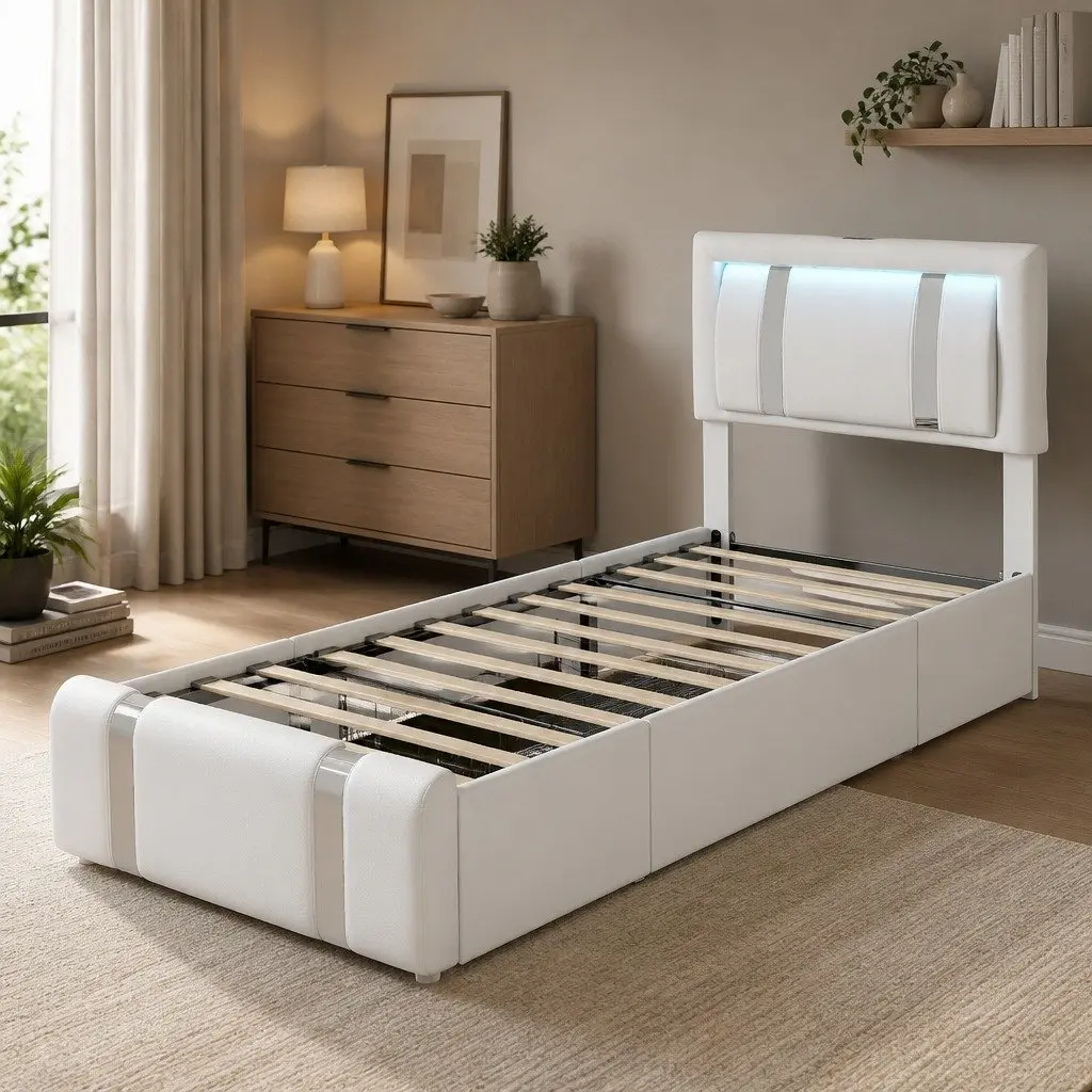 Single Bed Frame with PU Leather Headboard RGB LED Lights USB Charging 2 Drawers