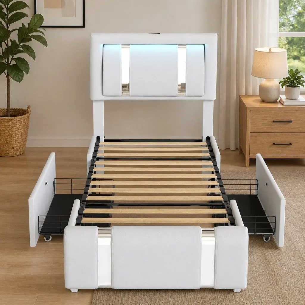 Single Bed Frame with PU Leather Headboard RGB LED Lights USB Charging 2 Drawers