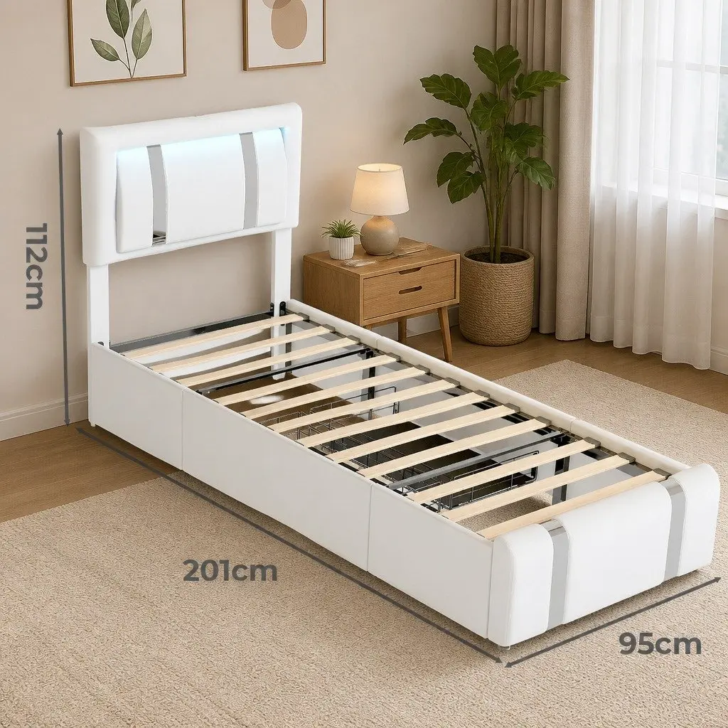 Single Bed Frame with PU Leather Headboard RGB LED Lights USB Charging 2 Drawers