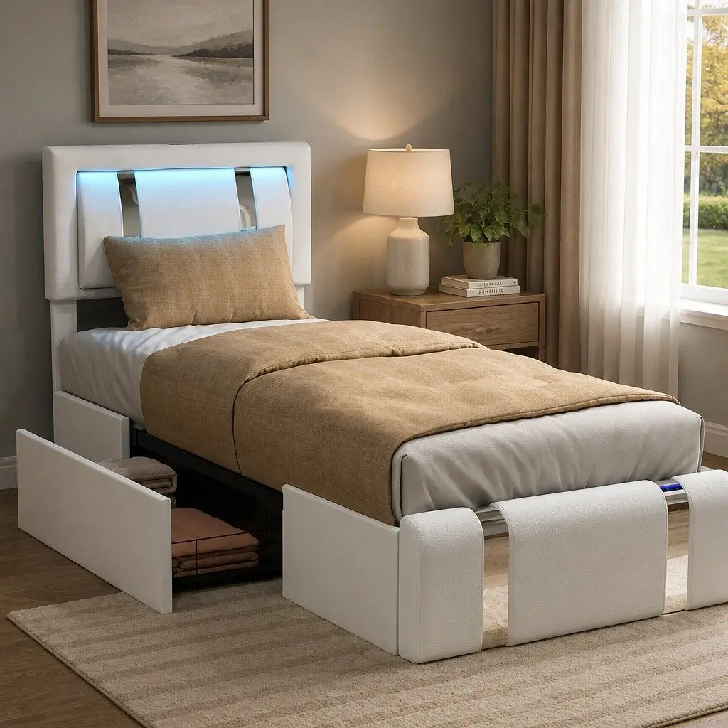 Single Bed Frame with PU Leather Headboard RGB LED Lights USB Charging 2 Drawers