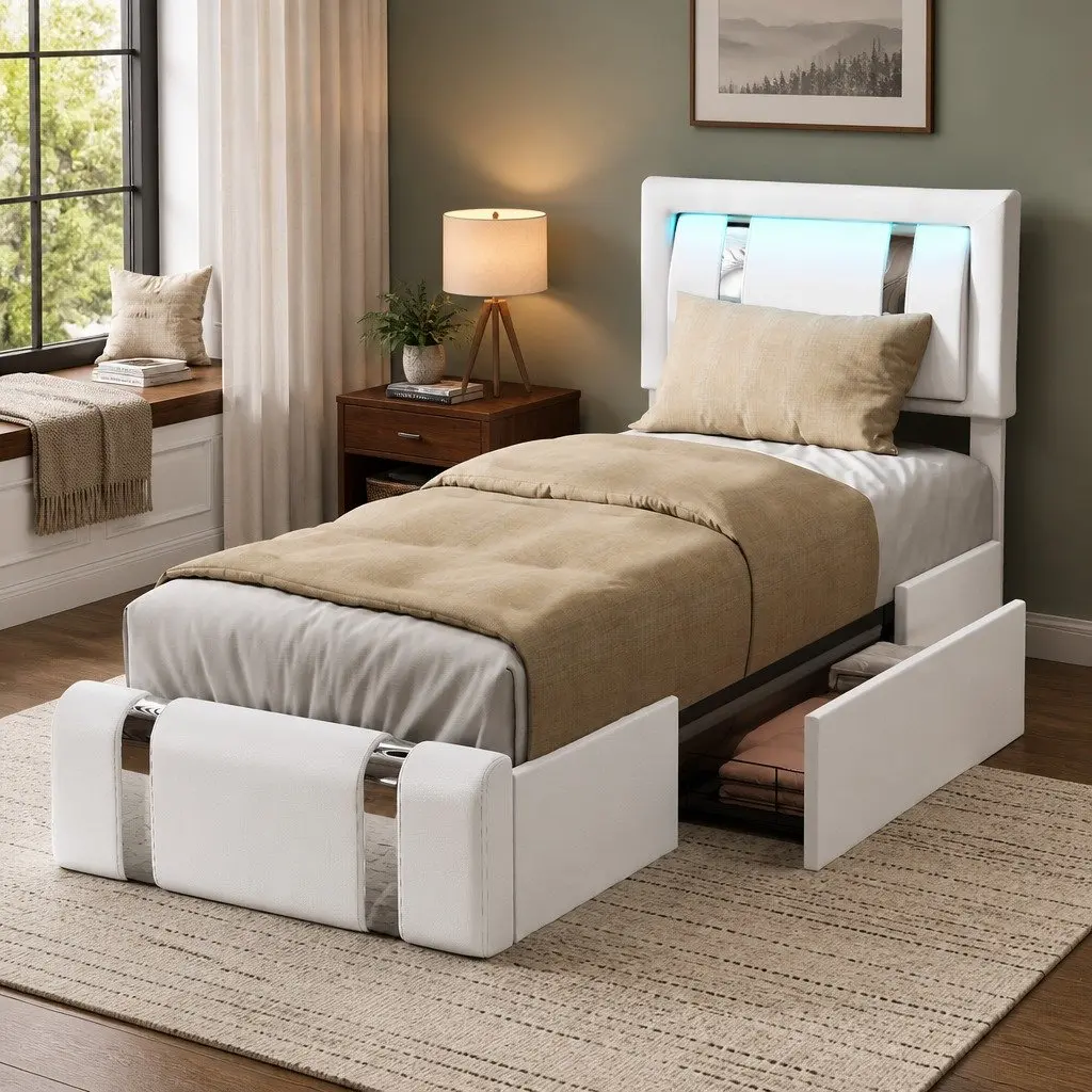 Single Bed Frame with PU Leather Headboard RGB LED Lights USB Charging 2 Drawers