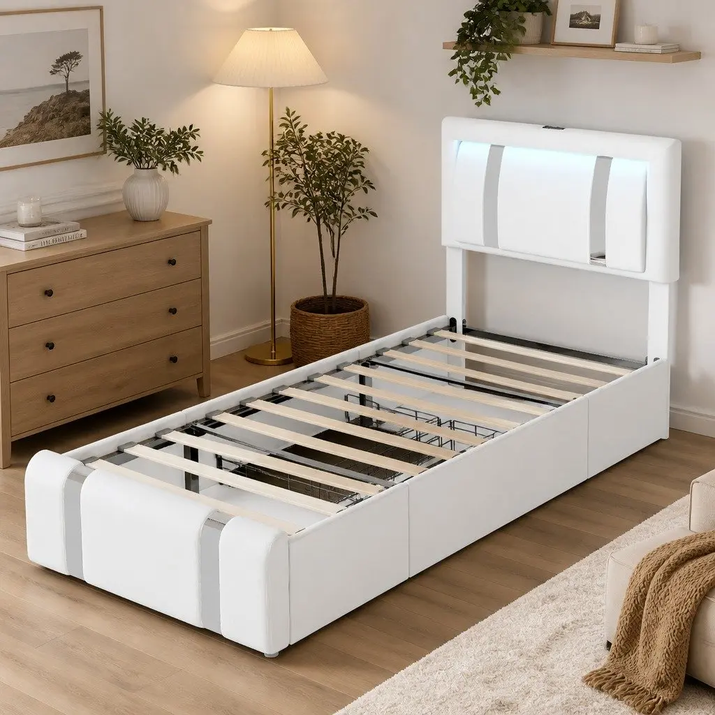 Single Bed Frame with PU Leather Headboard RGB LED Lights USB Charging 2 Drawers