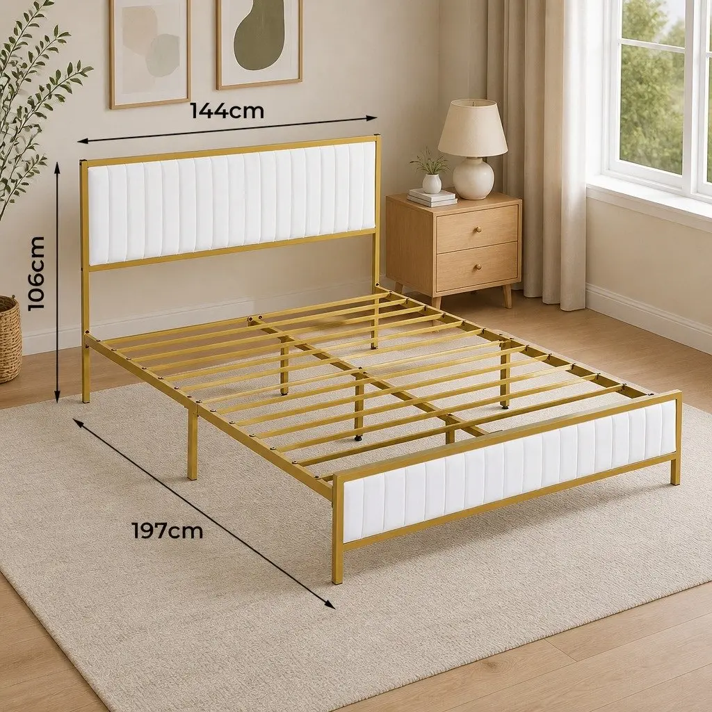 Double Bed Frame with Under Bed Storage Padded Headboard Metal Slats Beige