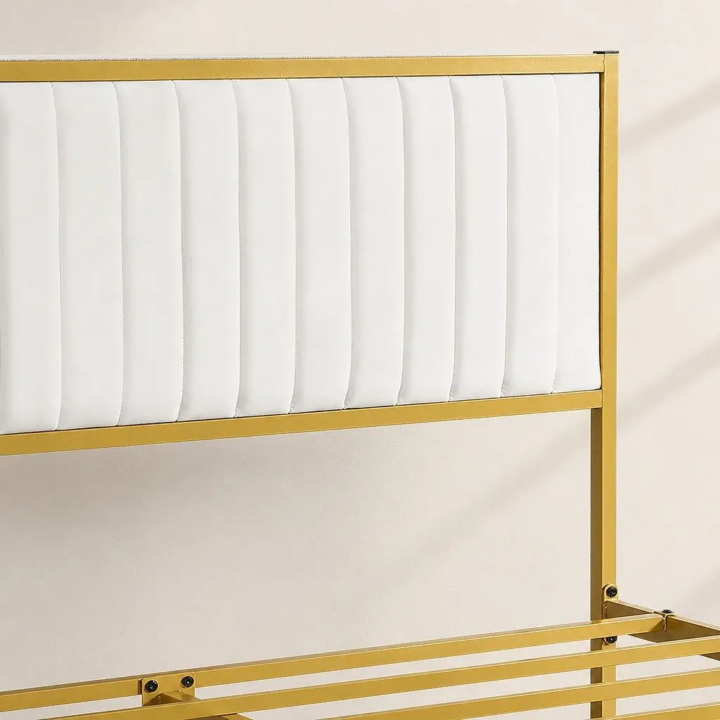 Double Bed Frame with Under Bed Storage Padded Headboard Metal Slats Beige