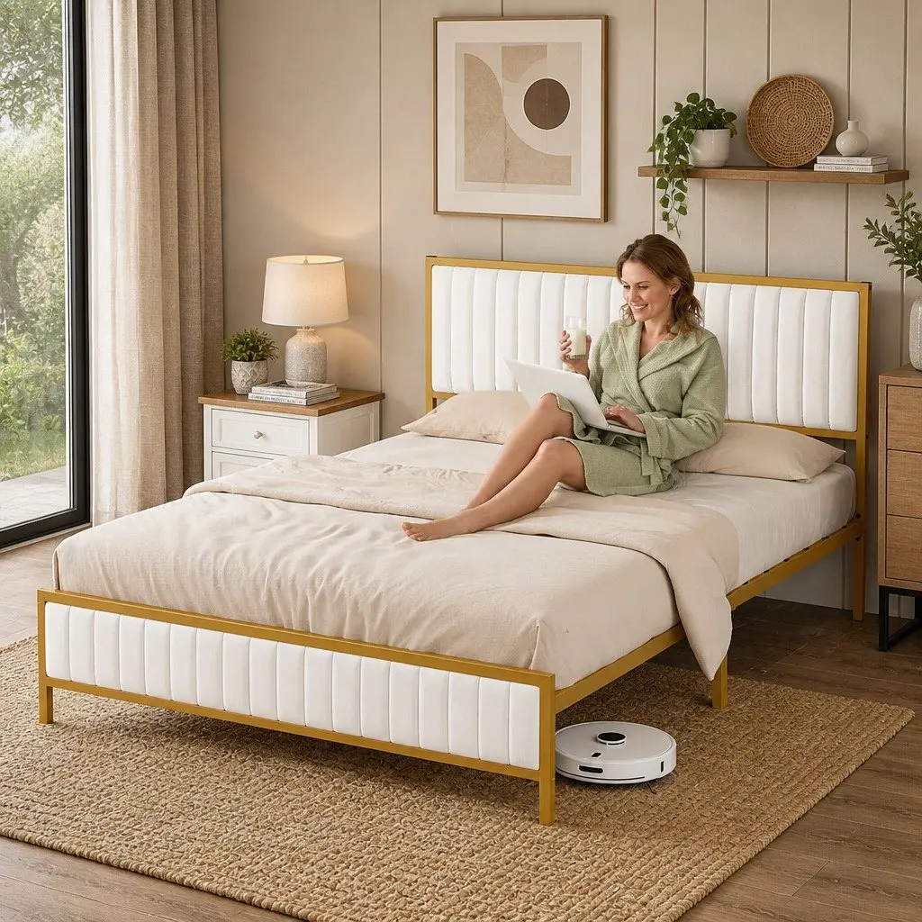 Double Bed Frame with Under Bed Storage Padded Headboard Metal Slats Beige