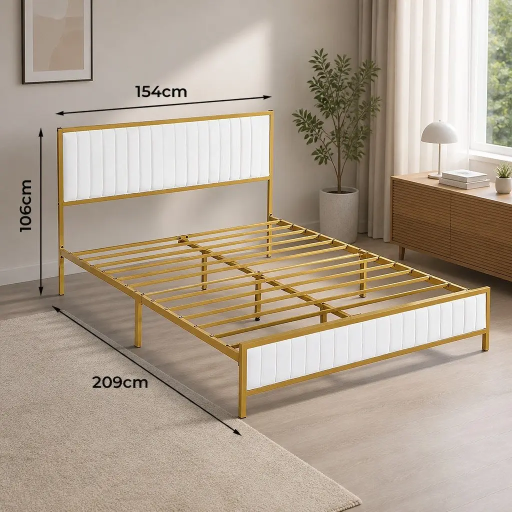 Queen Bed Frame Metal Legs Under Bed Storage Padded Headboard Beige