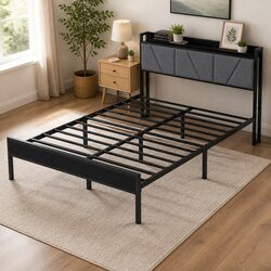 Double Bed Frame Steel Base Upholstered Headboard Modern Grey Platform Storage