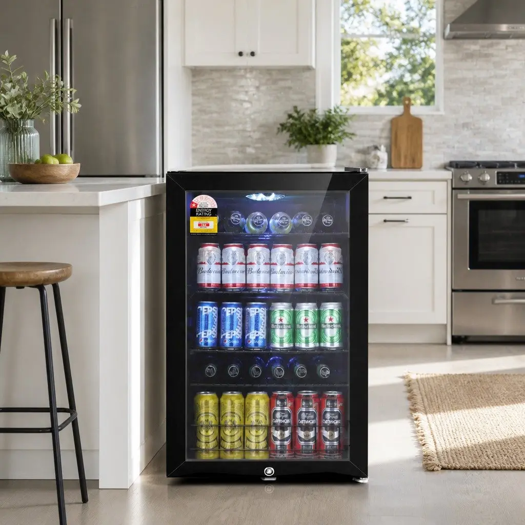 Bar Fridge 115L Glass Door LED Light Black Compact Beverage Cooler Portable
