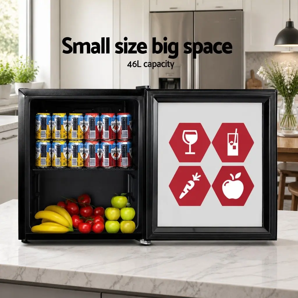46L Compact Black Portable Mini Fridge Beverage Cooler with Glass Door and Adjustable Shelves for Home or Office Use