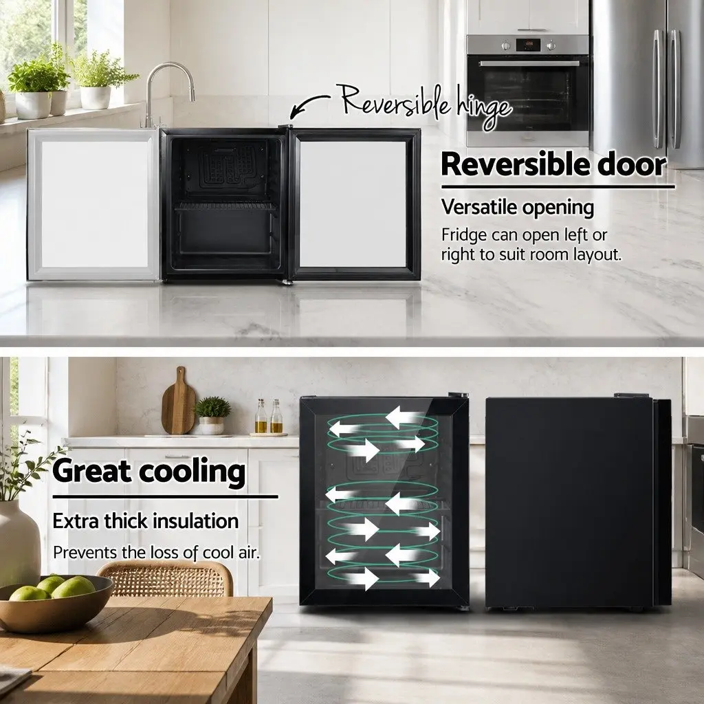 46L Compact Black Portable Mini Fridge Beverage Cooler with Glass Door and Adjustable Shelves for Home or Office Use