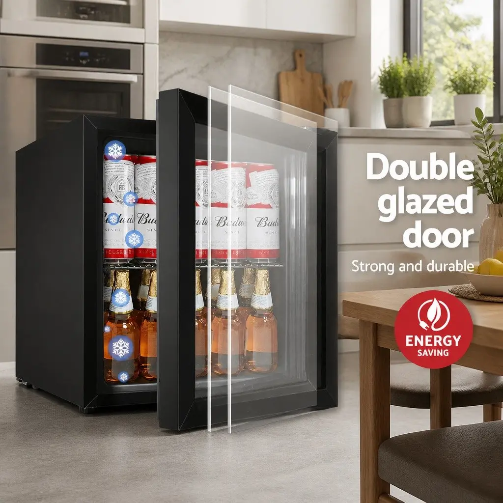 46L Compact Black Portable Mini Fridge Beverage Cooler with Glass Door and Adjustable Shelves for Home or Office Use