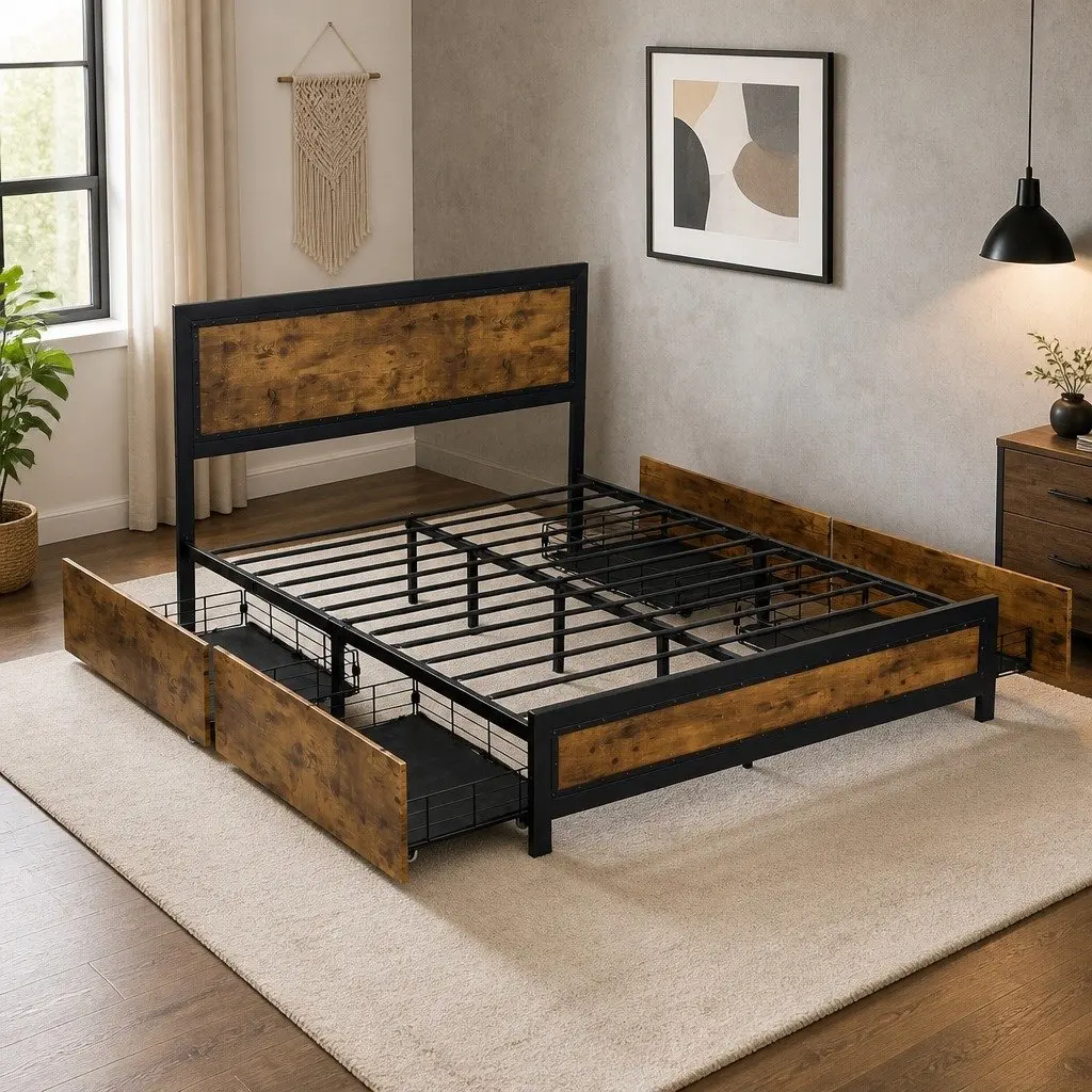 Double Metal Bed Frame with Storage Drawers