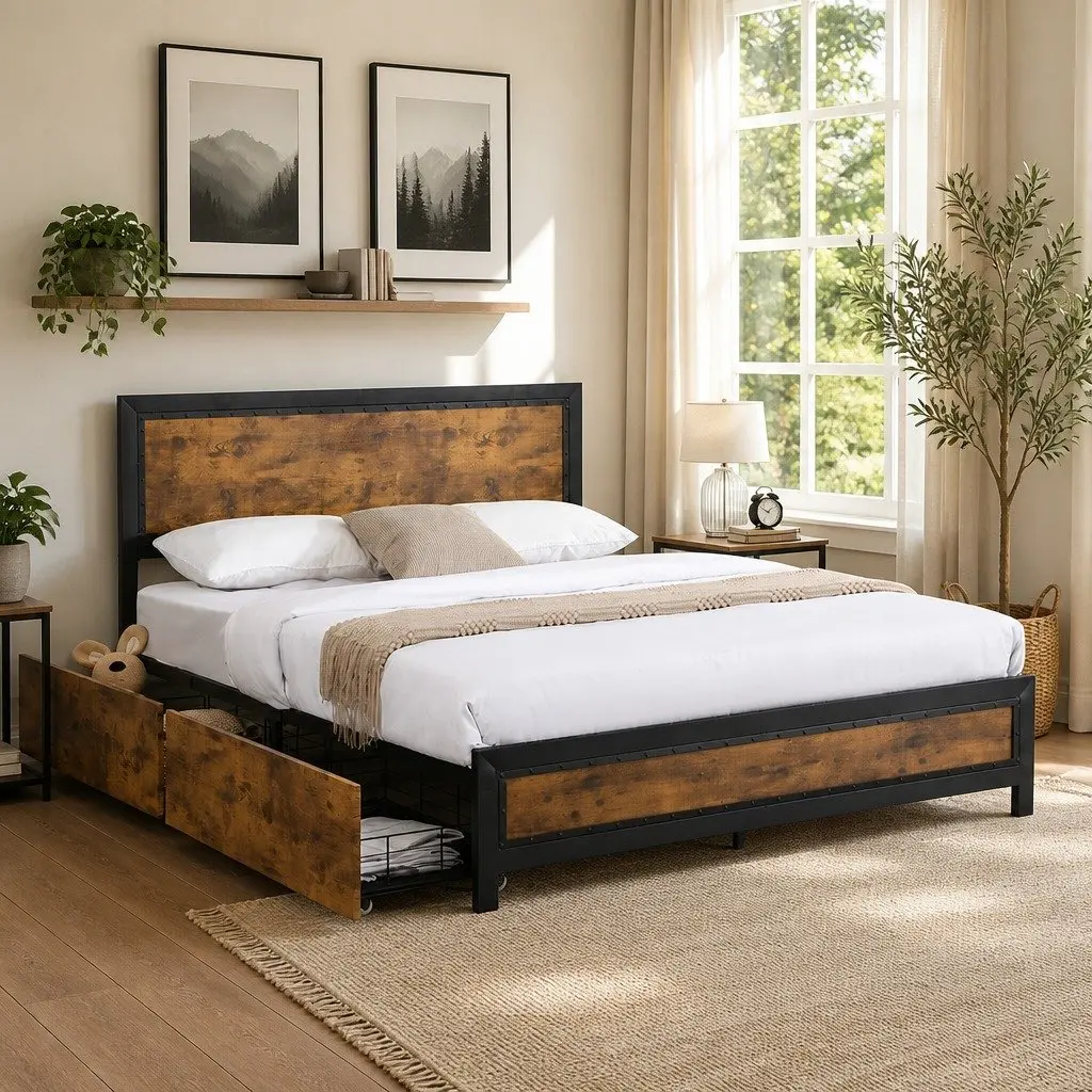 Double Metal Bed Frame with Storage Drawers