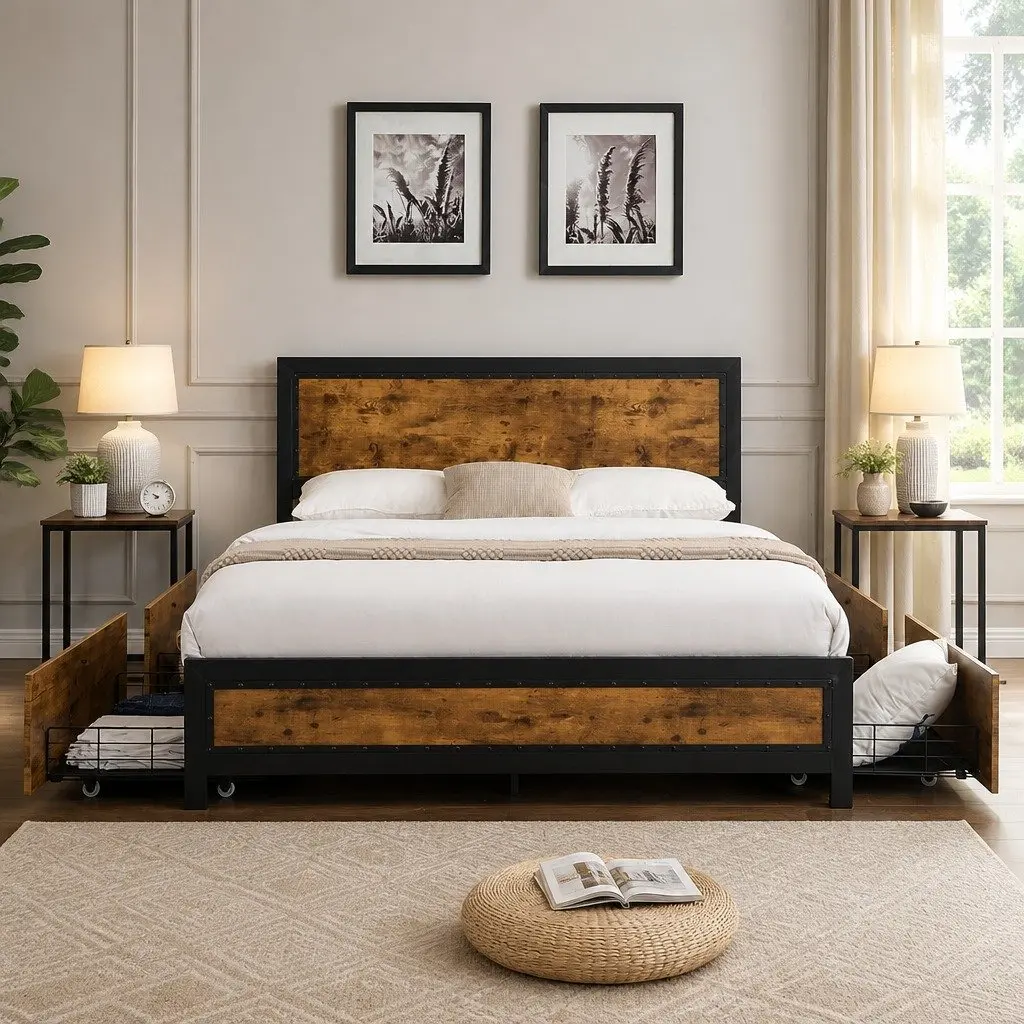 Double Metal Bed Frame with Storage Drawers