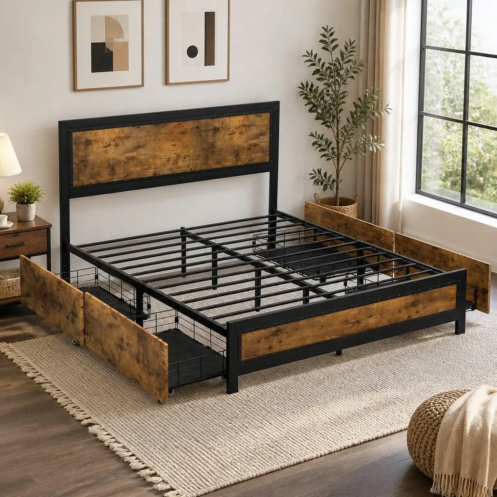 Queen Metal Bed Frame with Drawers