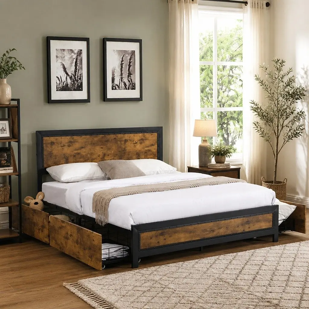 Queen Metal Bed Frame with Drawers