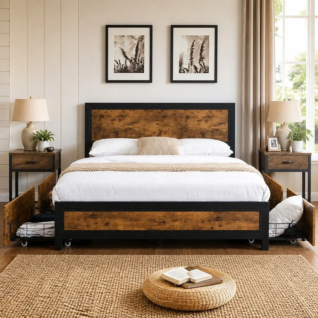 Queen Metal Bed Frame with Drawers