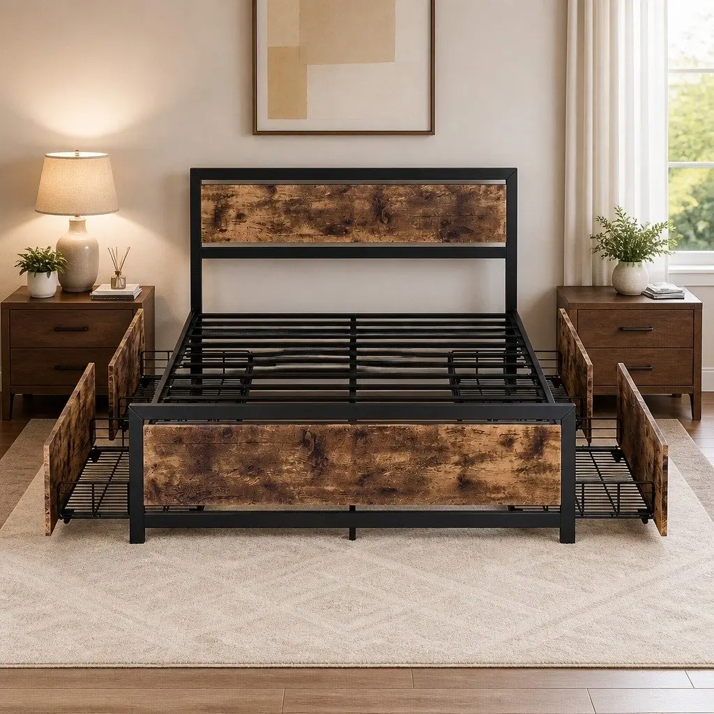 Industrial Double Bed Frame with 4 Under-Bed Storage Drawers Steel Platform