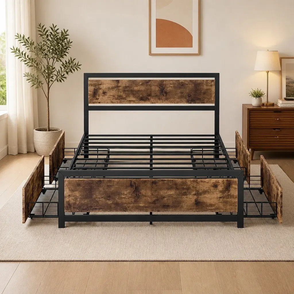 Queen Bed Frame Industrial Design Steel Platform with 4 Under-Bed Storage