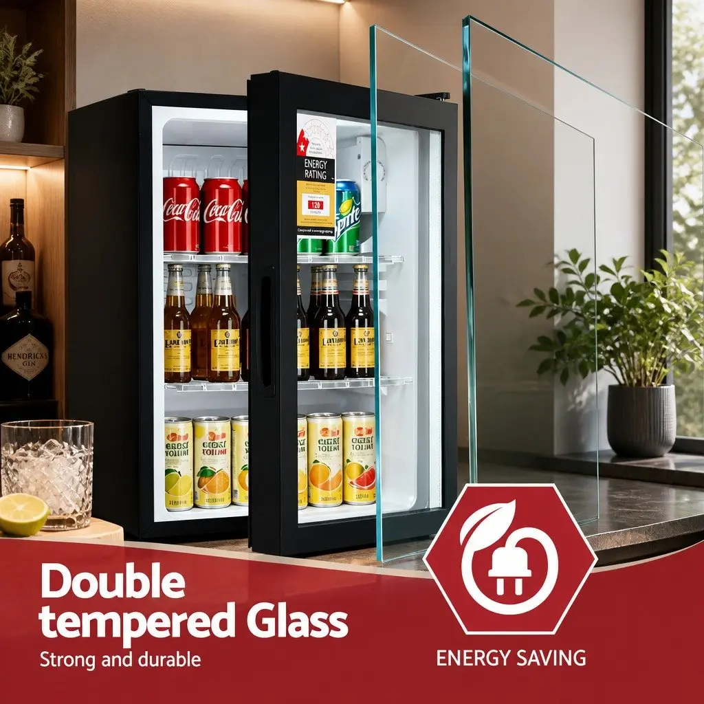 56L Bar Fridge Glass Door Countertop Cooler Mini Beverage Chiller Display Black