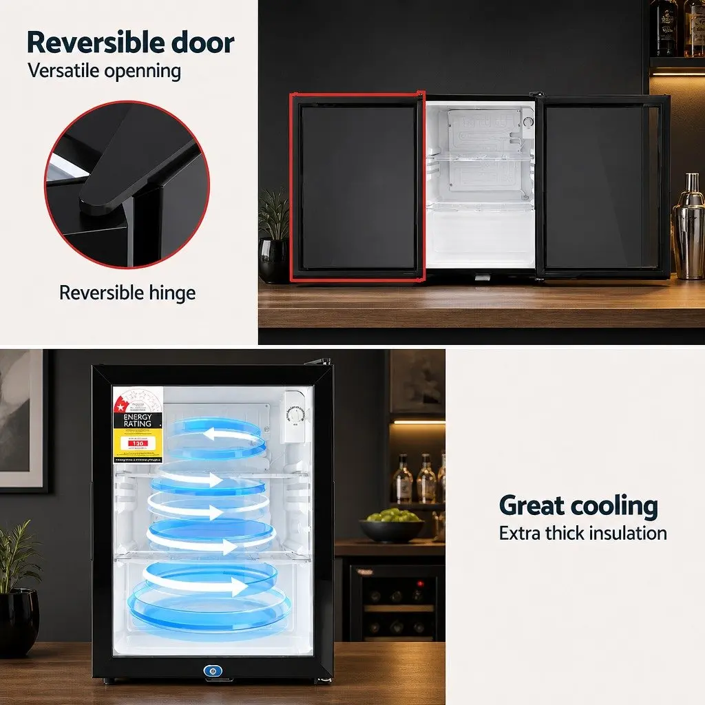 56L Bar Fridge Glass Door Countertop Cooler Mini Beverage Chiller Display Black