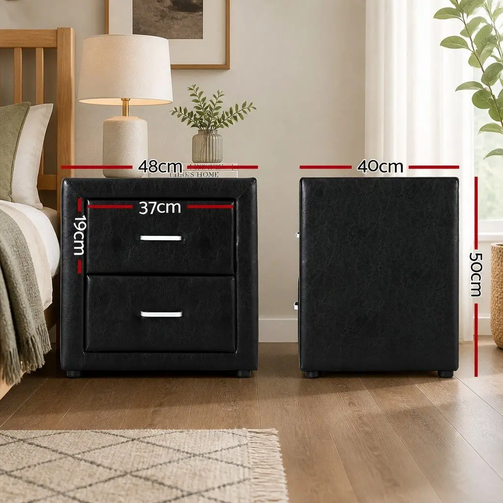 Bedside Table for Bedroom 2 Drawers Black PVC Leather 48.5cm x 40cm x 50cm Modern Storage Furniture