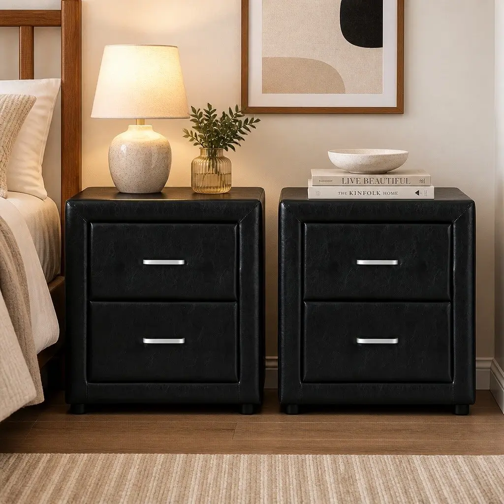 Bedside Table for Bedroom 2 Drawers Black PVC Leather 48.5cm x 40cm x 50cm Modern Storage Furniture