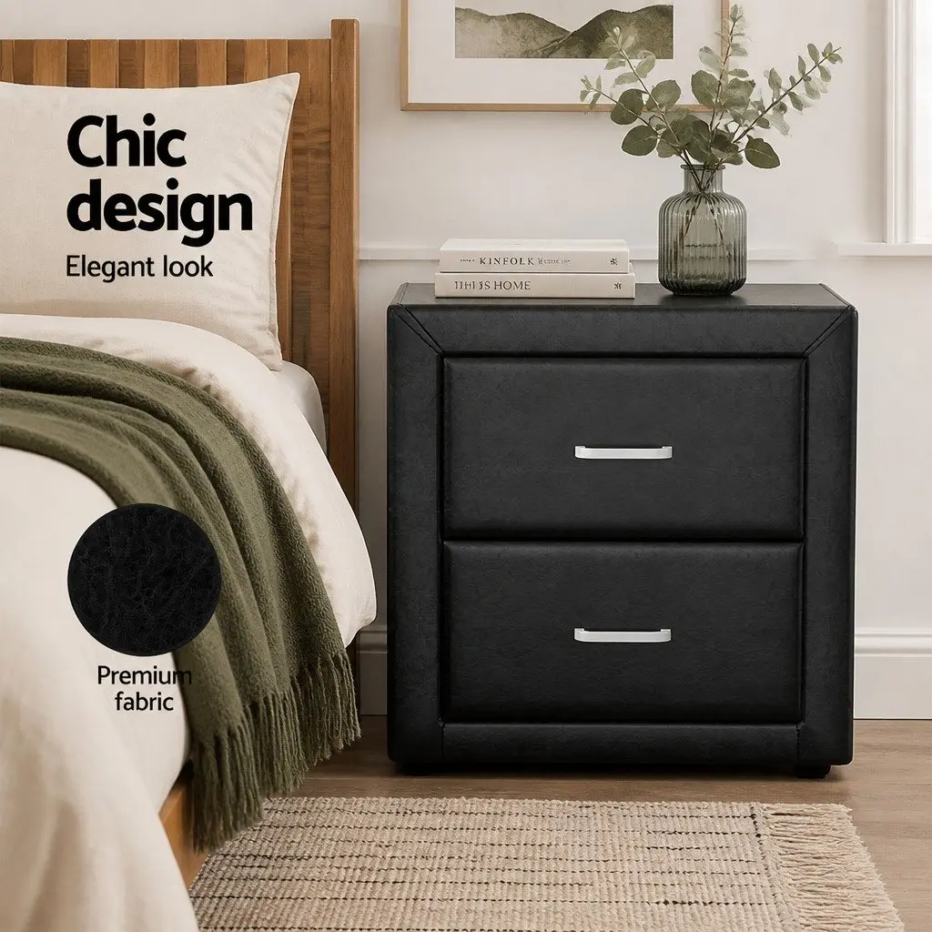 Bedside Table for Bedroom 2 Drawers Black PVC Leather 48.5cm x 40cm x 50cm Modern Storage Furniture