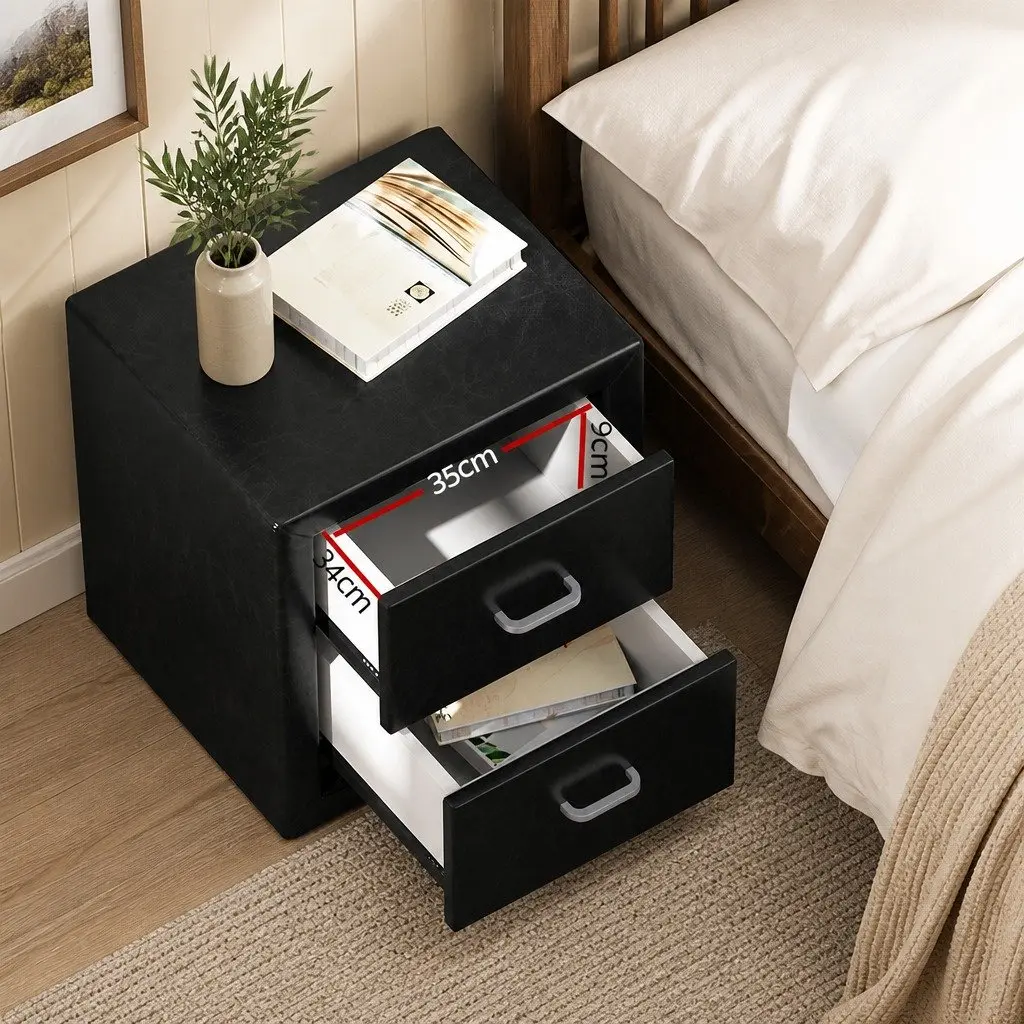Bedside Table for Bedroom 2 Drawers Black PVC Leather 48.5cm x 40cm x 50cm Modern Storage Furniture
