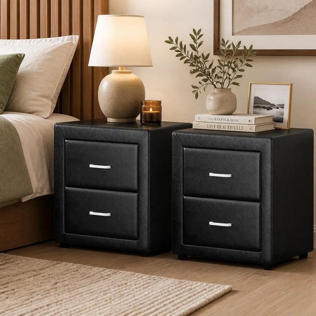 Bedside Table for Bedroom 2 Drawers Black PVC Leather 48.5cm x 40cm x 50cm Modern Storage Furniture