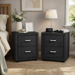 Two Drawer Bedside Table - Charcoal Faux Linen Finish