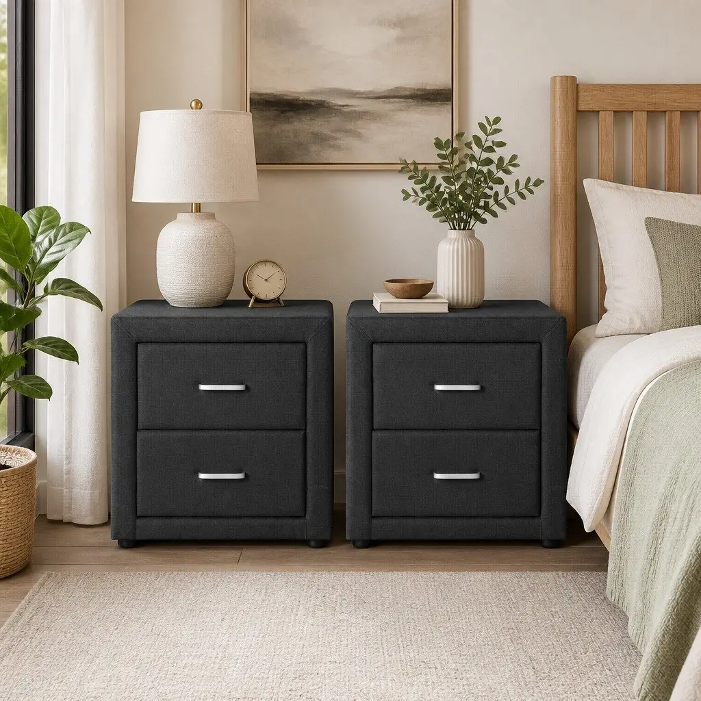 Bedside Table 2 Drawers Charcoal Faux Linen Modern Bedroom Side Table Storage