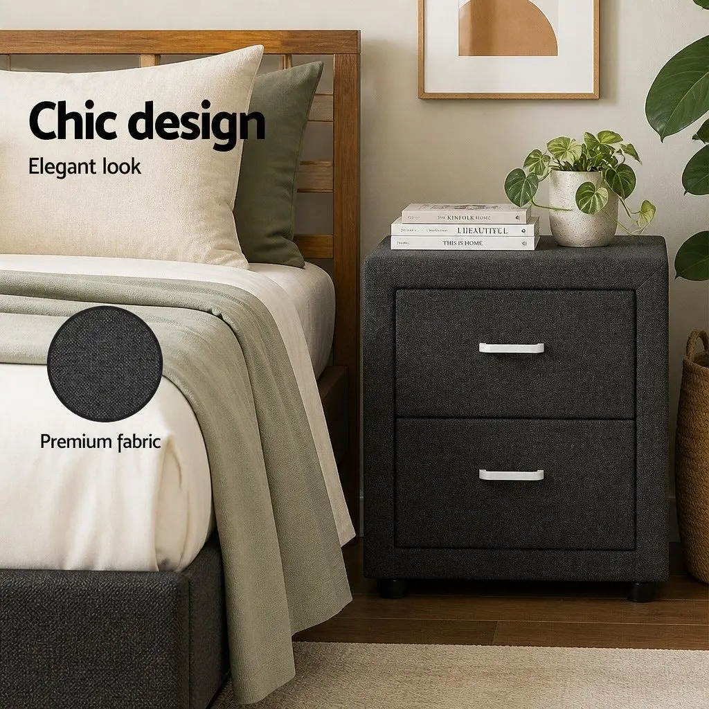 Bedside Table 2 Drawers Charcoal Faux Linen Modern Bedroom Side Table Storage