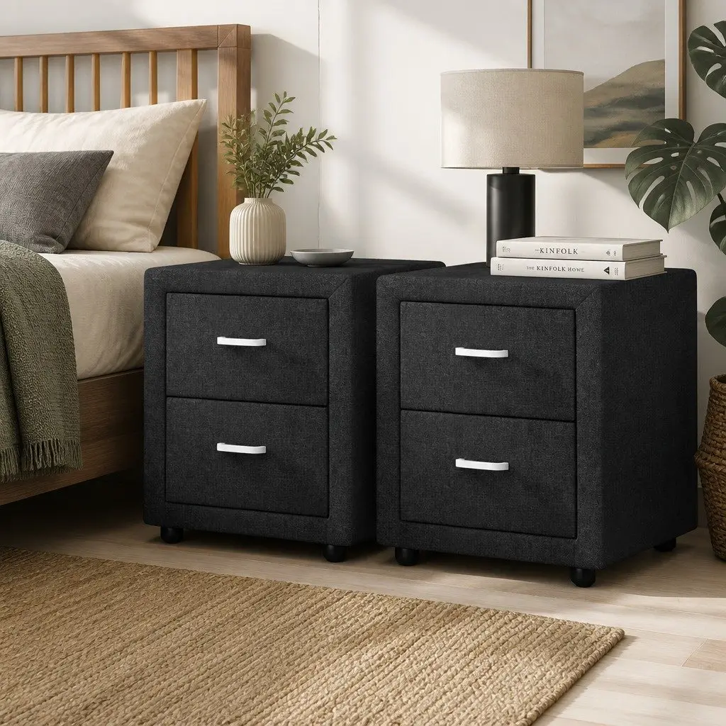 Bedside Table 2 Drawers Charcoal Faux Linen Modern Bedroom Side Table Storage