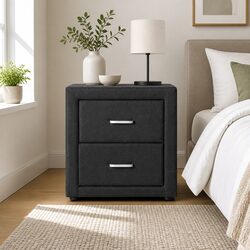 Bedside Table 2 Drawers Charcoal Fabric Storage Side Table Modern Bedroom