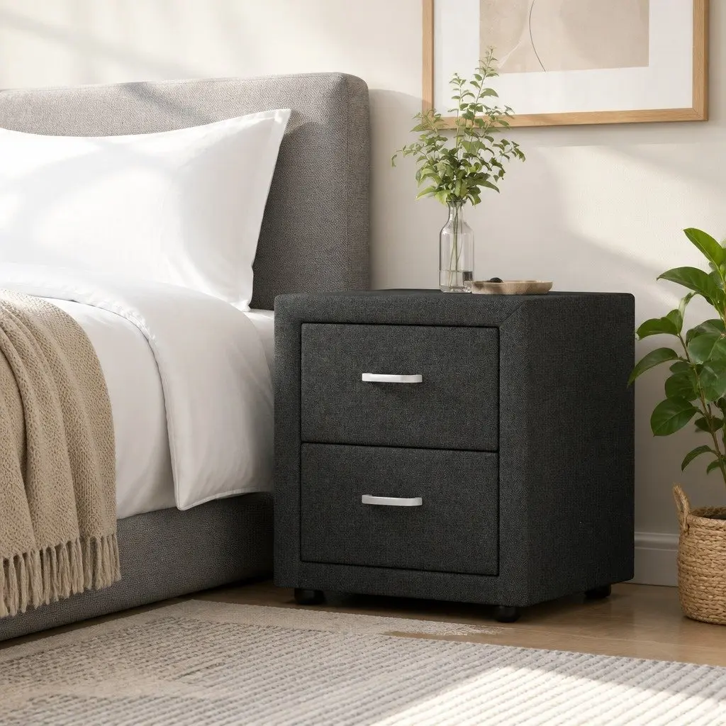 Bedside Table 2 Drawers Charcoal Fabric Storage Side Table Modern Bedroom