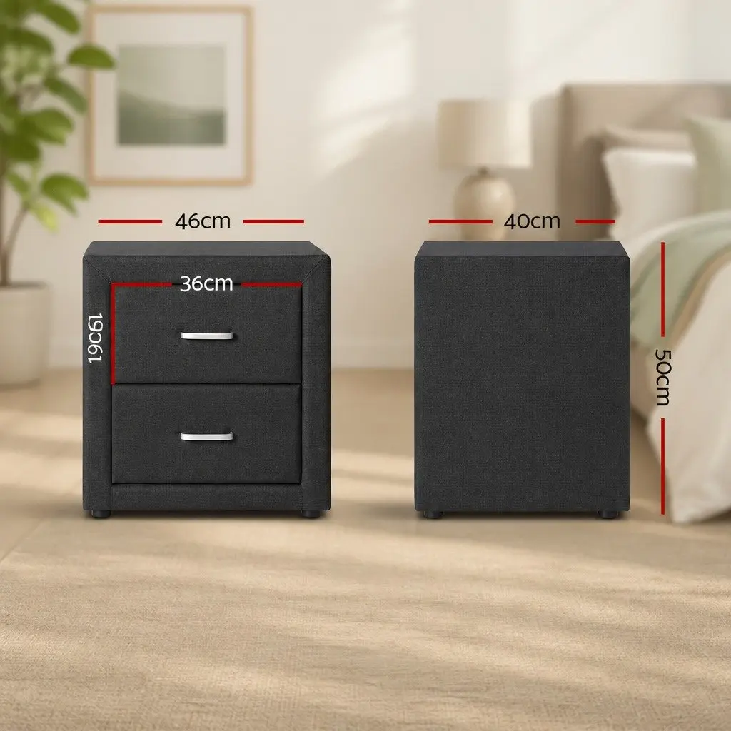 Bedside Table 2 Drawers Charcoal Fabric Storage Side Table Modern Bedroom