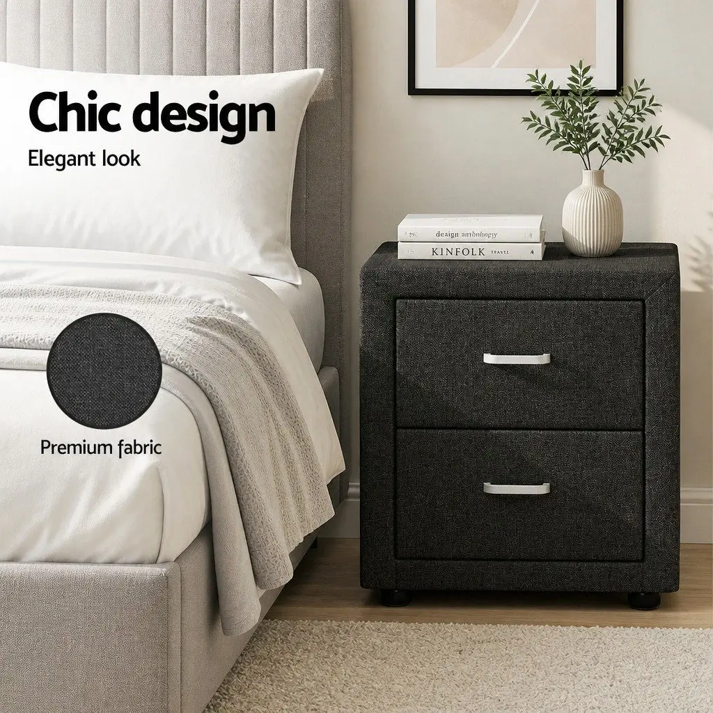 Bedside Table 2 Drawers Charcoal Fabric Storage Side Table Modern Bedroom