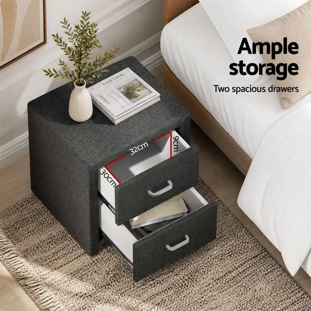 Bedside Table 2 Drawers Charcoal Fabric Storage Side Table Modern Bedroom